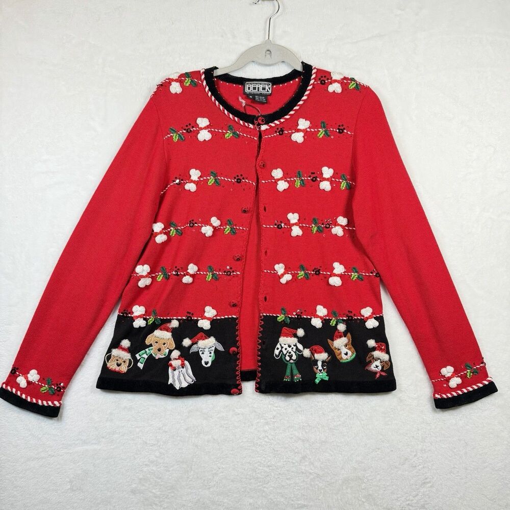 Berek Takako Sakon Christmas Dog Cardigan Sweater M 3D Beaded Holiday Novelty